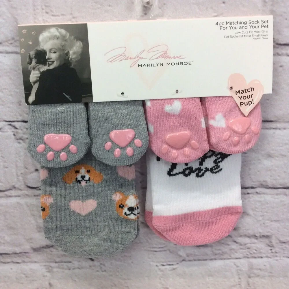 Marilyn Monroe Girls & Matching Pet Socks OSFM 4 Pair Set Low Cut Puppy Love NWT
